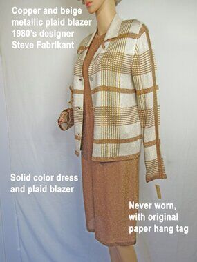 NWT Sz S Steve Fabrikant metallic Knit set, Zip back dress, Button front blazer